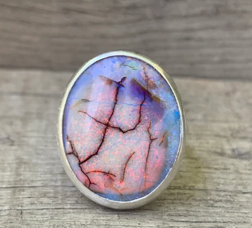Stunning Bright Multi ColoredStunning Bright Multi Colored Purple Pink Large Oval Monarch Sterling Opal Chatoyant Sterling Silver Ring