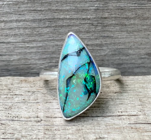 Sparkly Free Form Green Blue Monarch Sterling Opal Sterling Silver Ring Sizes 7.5-8.5