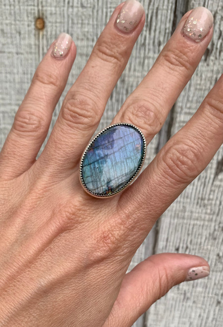 Large Oval Super Flashy Purple Blue Pink Labradorite Sterling Silver Statement Ring Size 8.25 