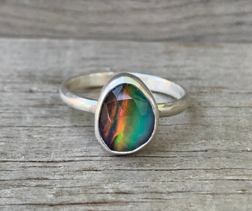Gray Blue Orange Faceted Aurora Opal Quartz Doublet Sterling Silver Ring Size 6.5-7.5