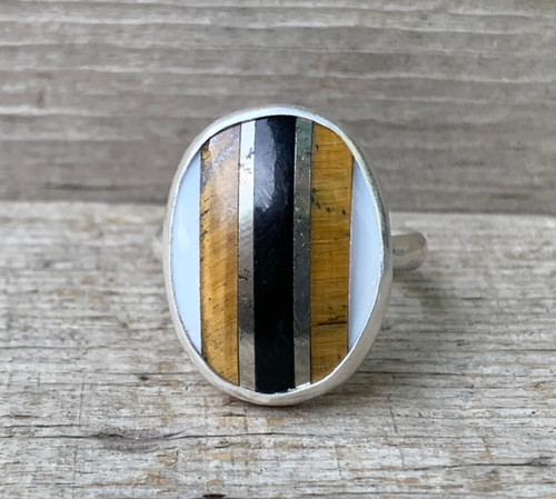 Oval White Mother of Pearl Tiger Eye Golden Pyrite Black Onyx Inlay Sterling Silver Ring