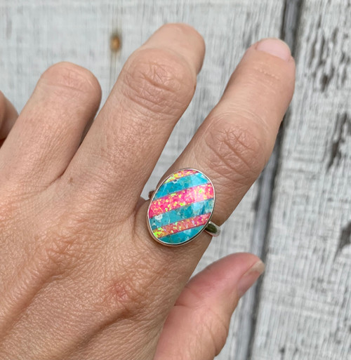 Oval Blue Turquoise Pink Opal Inlay Sterling Silver Ring