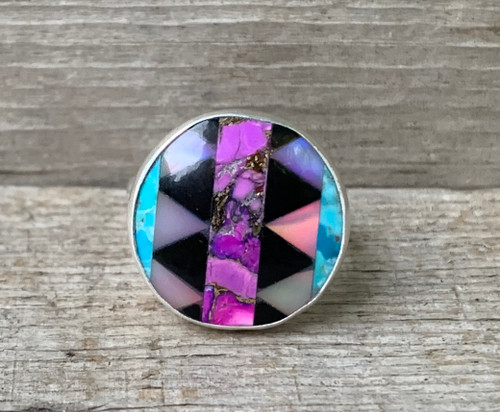 Round Inlay Turquoise Aurora Opal Black Onyx Purple Copper Turquoise Sterling Silver Ring