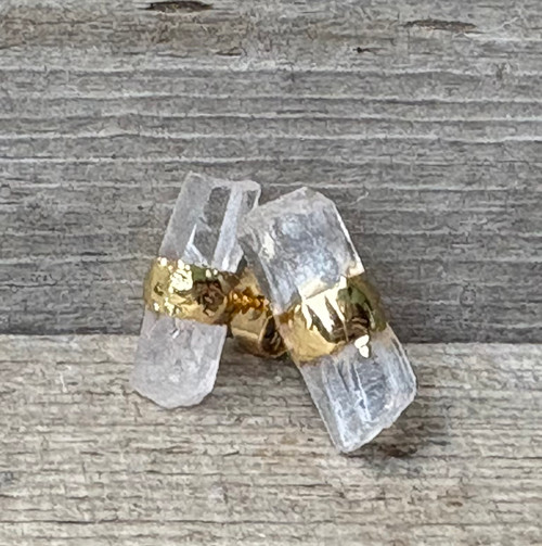 Raw Clear Quartz Gold Plated Wrapped Stud Earrings