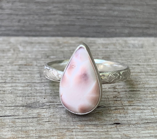 Romantic Rosy Pink Teardrop Thomsonite Sterling Silver Ring Size 6.75-7.75
