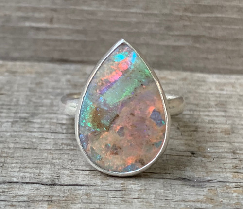 Sparkly Teardrop or Pear Shaped Neon Pastel Monarch Sterling Opal Sterling Silver Ring