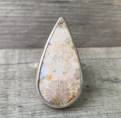 Dazzling Large Pear Shaped Yellow White Coral Fossil Sterling Silver Statement Ring 