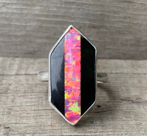 Elongated Hexagon Hot Pink Bello Opal Black Ceramic Inlay Sterling Silver Ring 