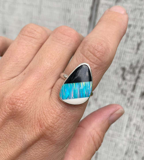 Free Form Baby Blue Bello Opal Black and White Ceramic Inlay Sterling Silver Ring Sizes 8-9