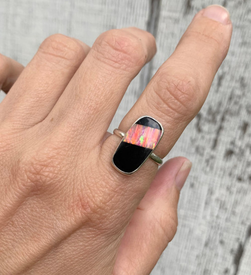 Cushion Cut Pink Coral Bello Opal and Ceramic Inlay Stone Sterling Silver Statement Ring  Sizes 7.75-8.75