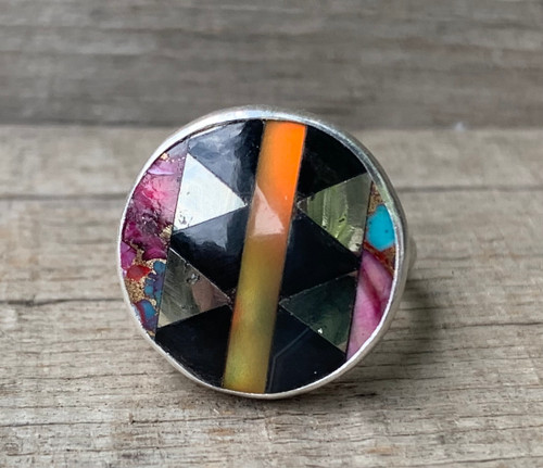 Round Inlay Copper Purple Turquoise Pyrite Black Onyx Yellow Orange Aurora Opal Sterling Silver Ring