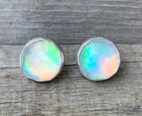 Large Round White Aurora Opal Quartz Doublet Sterling Silver Earring Studs