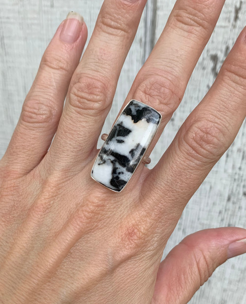Large Rectangle Black and White Buffalo Turquoise Sterling Silver Statement Ring