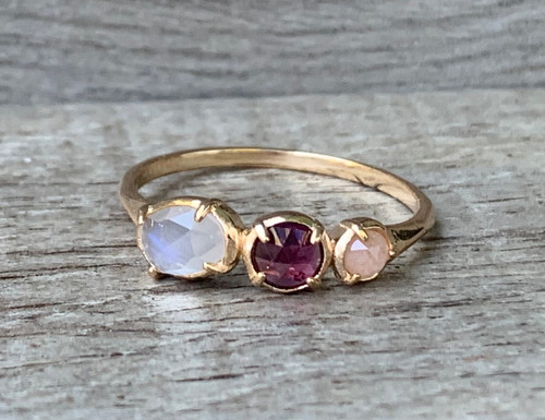 Gold Plated Moonstone Garnet Pink Tourmaline Ring