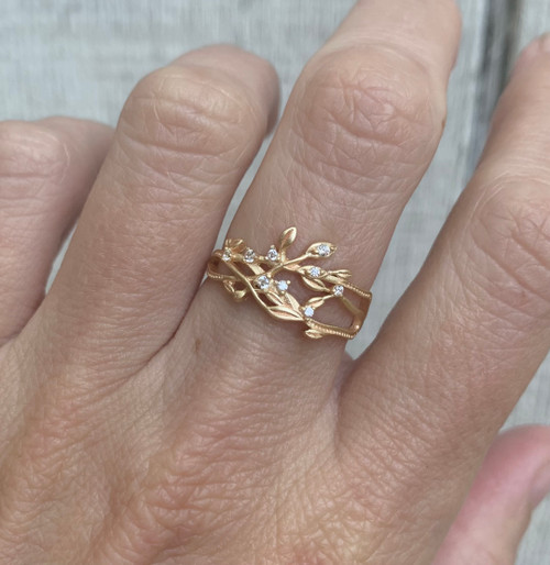 Gold Plated Leaf Ring with Cubic Zirconia Diamond Accents