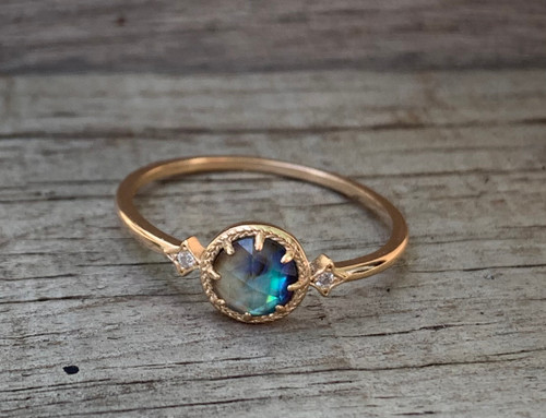14 Karat Gold Plated Abalone Topaz Doublet with Cubic Zirconia Diamond Accents Ring
