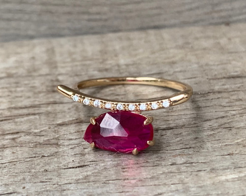 Edgy Geometric 14 Karat Gold Plated Red Ruby Ring with Cubic Zirconia Accents