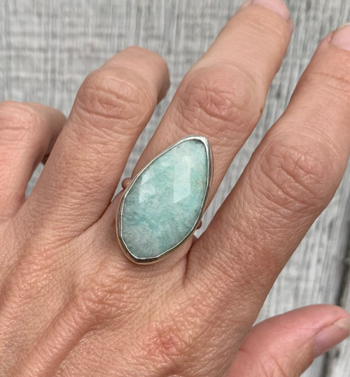 Large Free Form Amazonite Sunstone or Sodalite Sterling Silver Ring