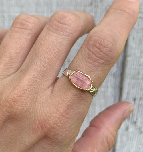 Mixed Metals Pink Rhodochrosite Sterling Silver and 14 Karat Gold Plated Ring