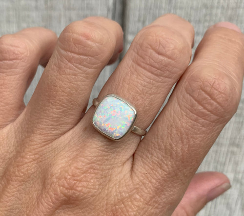 Elegant Simulated Square Cushion Cut White Opal Sterling Silver Ring