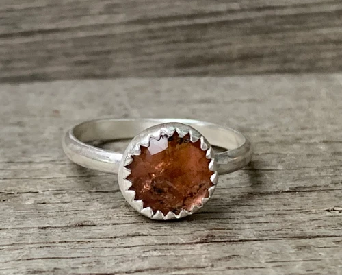 Dainty Round Faceted Pink Orange Tourmaline Sterling Silver Ring Size  6.25-7.25