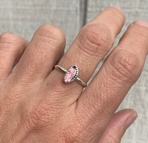 Geometric Faceted Watermelon Tourmaline Sterling Silver Ring Size 7.5-8.5
