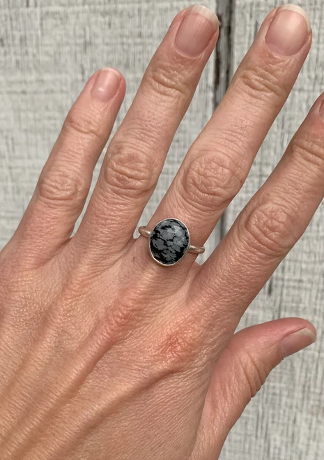 Oval Faceted Black White Snowflake Jasper Sterling Silver Ring Size 8.75-9.75