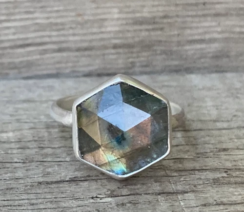 Elegant Hexagon Shape Faceted Labradorite Sterling Silver Solitaire Ring