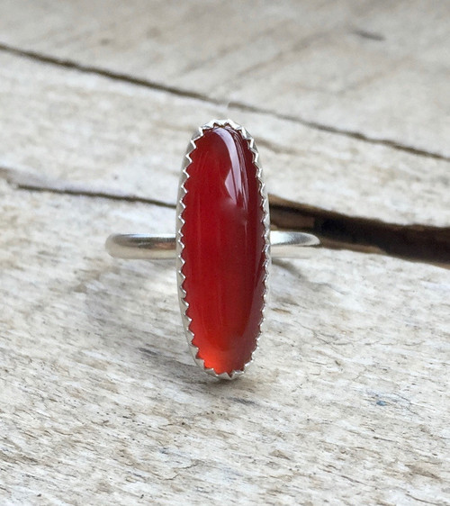 Minimalist Elongated Oval Blood Red Carnelian Sterling Silver Statement Ring with Serrated Bezel | Carnelian Ring | July Birthstone Ring