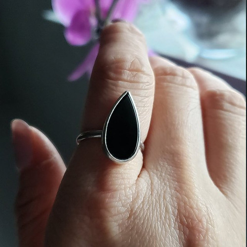 Minimalist Teardrop Pear Shape Black Onyx Sterling Silver Statement Ring