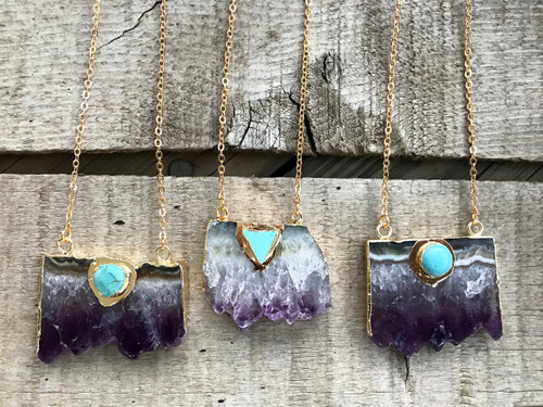 Purple Amethyst Slice Crystal Point Druzy Gold Plated Edgy Statement Necklace | Amethyst Necklace | Gold Necklace | Boho | Rocker