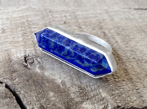 Rocker Hexagon Blue Lapis Wand Double Terminated Point Horizontal Ring in Sterling Silver