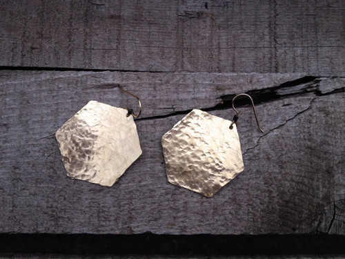 Golden Hexagon Hammered Brass Chunky Dangle Earrings