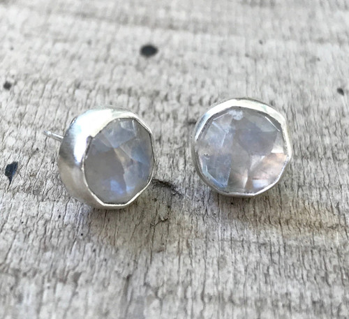 Large Round Faceted Rainbow Moonstone Sterling Silver Stud Earrings | Moonstone Earrings | Stud Earrings | June Birthstone Earrings