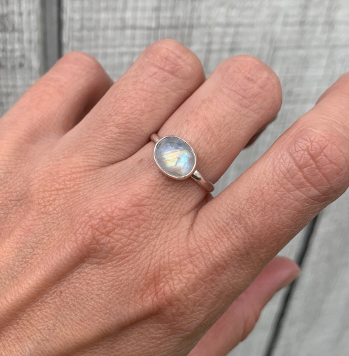 Solitaire Horizontal Oval Moonstone Birthstone Sterling Silver Ring