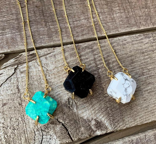 Geometric Multi Stone Diamond Prong Pendant Gold Chain | Howlite Necklace | Turquoise Necklace | Amethyst Necklace | Onyx Necklace