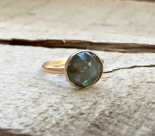 Elegant Modern Cube Cut Geometric Blue Green Yellow Labradorite Octagon 14 Karat Gold Ring