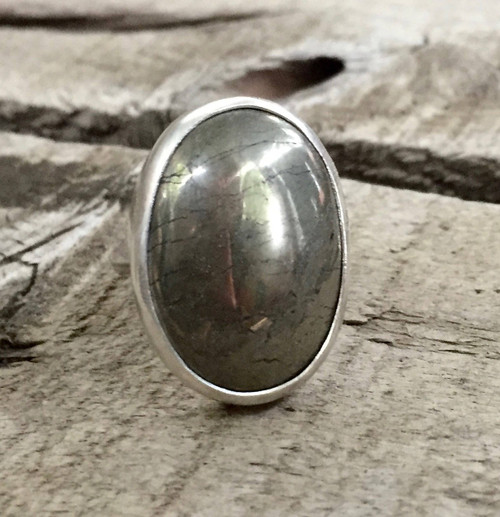 Boho Rocker Chic Large Minimalist Oval Golden Pyrite Sterling Silver Ring | Pyrite Ring | Statement Ring | Fools Gold Ring | Boho | Rocker