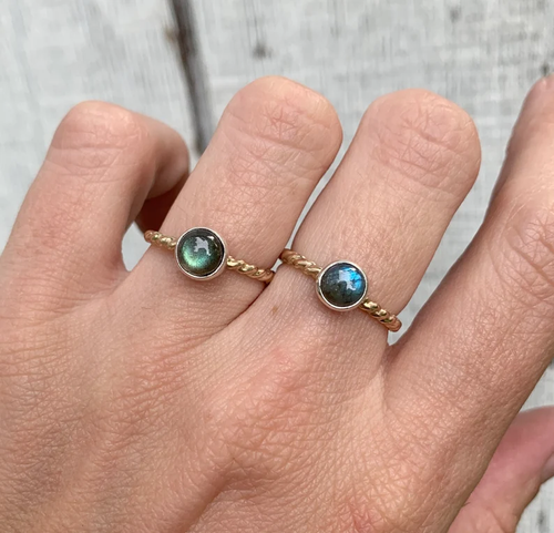 Elegant Solitaire Labradorite Sterling Silver 14 Karat Gold Filled Twisted Band Ring