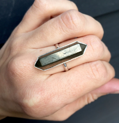 Unisex Rocker Hexagon Gold Pyrite Wand Double Terminated Point Ring