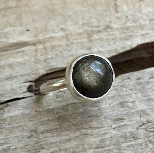 Golden Sheen Black Obsidian Sterling Silver Solitaire Ring