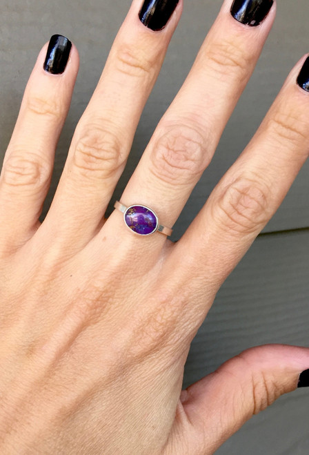 Elegant Boho Chic Horizontal Setting Purple Copper Turquoise Sterling Silver Ring