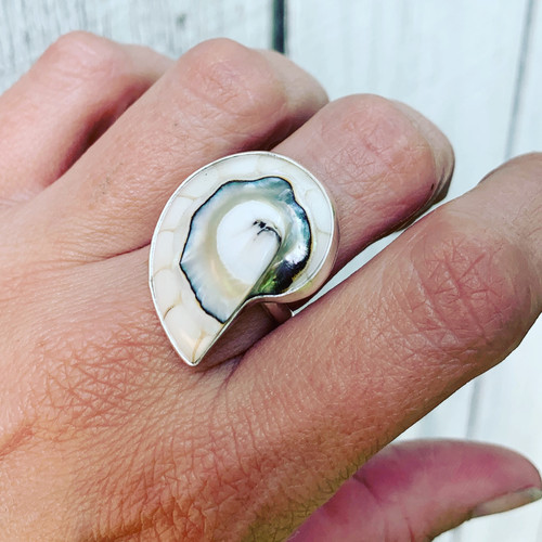 White Sea Nautilus Shell with Mother of Pearl and Resin set in Sterling Silver