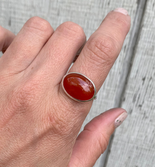 Elegant Blood Red Orange Large Oval Carnelian Sterling Silver Ring | Horizontal Setting