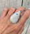 Large Teardrop or Pear Shaped White and Black Tourmaline Flecked Moonstone Sterling Silver Ring Size 8