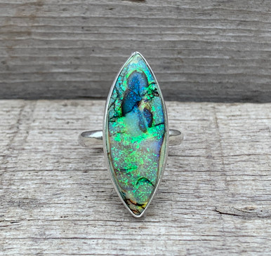 Bright Green Yellow Marquise or Eye Shaped Monarch Sterling Opal Ring