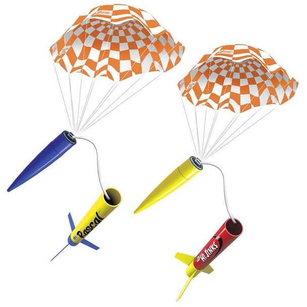 Estes Rascal & Hi Jinks flying model rocket showing parachute recovery