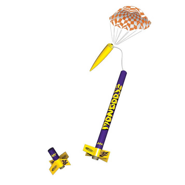 Estes Mongoose flying model rocket showing parachute recovery