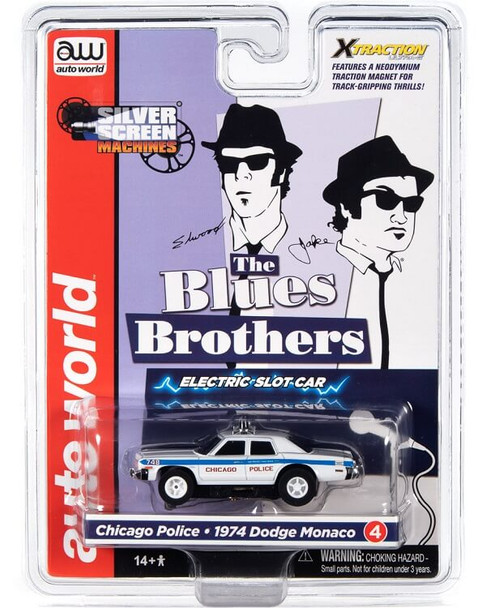 Auto World X-Traction Blue Brothers Chicago Police 1974 Dodge Monaco HO slot car in package