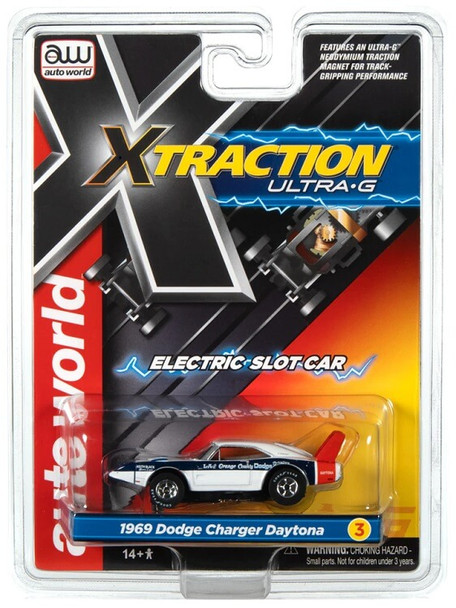 Auto World X-Traction 1969 Dodge Charger Daytona white HO slot car in package